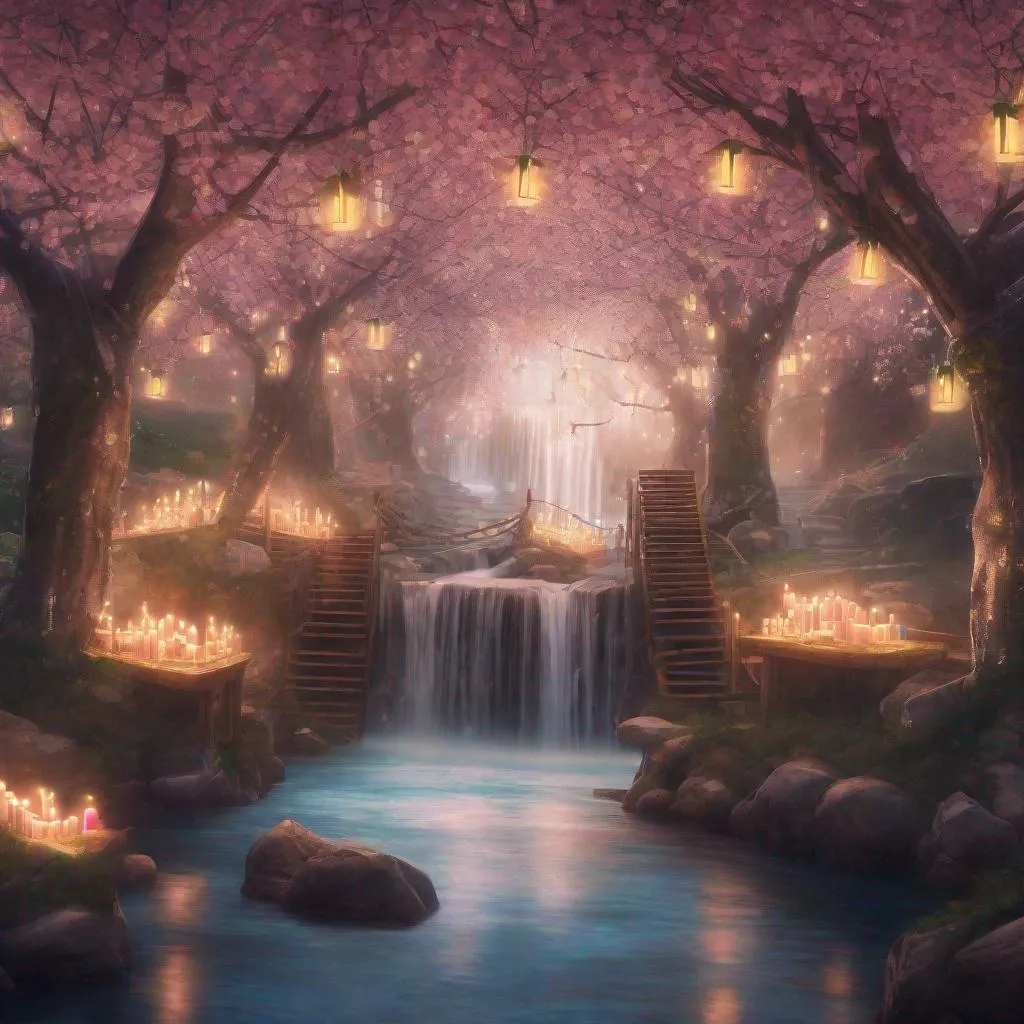 Prompt: A cherry tree forest with bookshelves and fairy lights and candles with a river and waterfall
