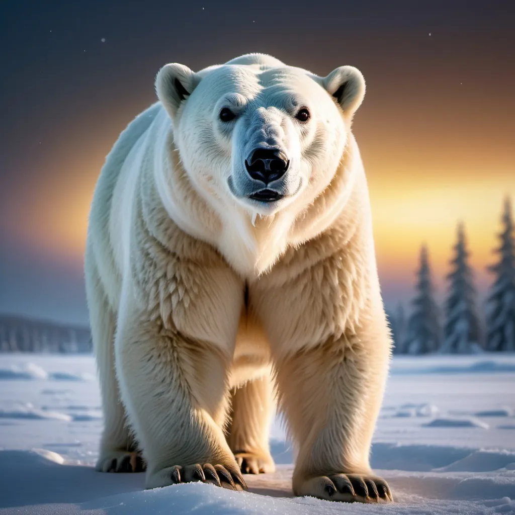 Prompt: Highly detailed of polar bear,DSLR,pretty eyes,ultra-fine detailed,masterpiece,epic, star light,north pole background,full of snow,snowfall,little bit foggy,aesthetic,ilustration,dynamic potrait,2D,golden hour,UHD,HDR,long shot,Aurora Light