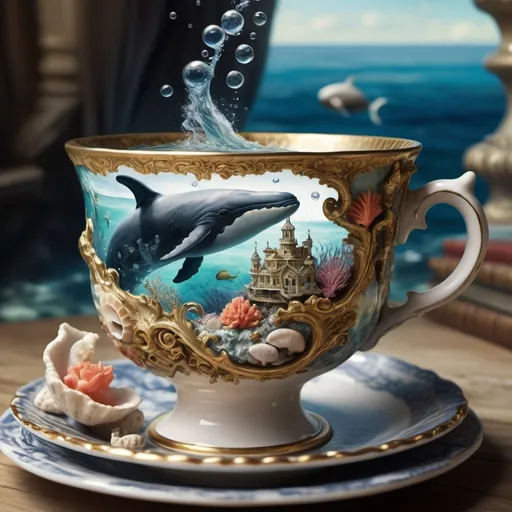 Prompt: hyperdetailed fantasy art of Close-up antique teacup with gold rim, its interior revealing a miniature underwater kingdom,  coral reefs, a majestic whale gliding through a swirling current spilling over the cup's edge, intricate nautical symbols etched along the porcelain surface, bubbles rising onto a weathered seaside table with shells, distinct gritty texture, dramatic lighting, depth of field, beautiful complementary colors