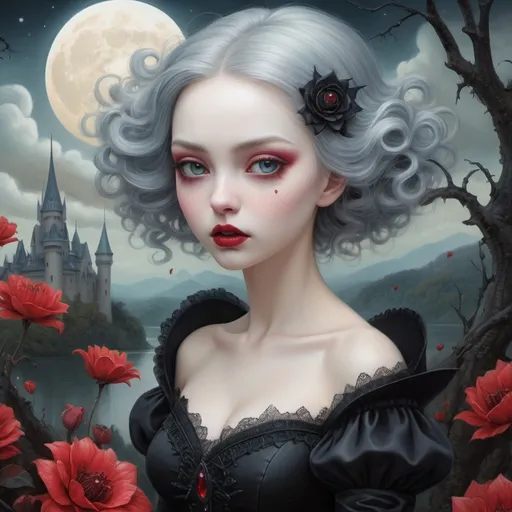 Prompt: gothic, surrealism, poster close-up, abstraction, detailed oil painting by mark todd, nicoletta ceccoli, ray caesar, vampire lady close-up on canvas, big moon, swirling red flowers, sparks, detailed sky with clouds, dramatic makeup, celestial lighting, shining aura, castle, forest, river, detailed sky, mystical, highly detailed, intricate pose, oil painting, thick brushstrokes, complex background, bright colors, masterpiece, high quality, clarity, anime style , ultra hd, realistic, vivid colors, highly detailed, UHD drawing, pen and ink, perfect composition, beautiful detailed intricate insanely detailed octane render trending on artstation, 8k artistic photography, photorealistic concept art, soft natural volumetric cinematic perfect light