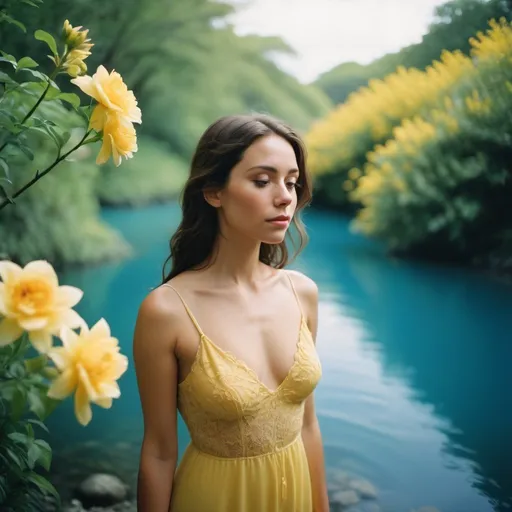 Prompt: Woman in the style of subtle romantic, colorful photography lush detailing, water and land fusion, vibrant florals, light yellow and azure, fujifilm eterna vivid 500t 