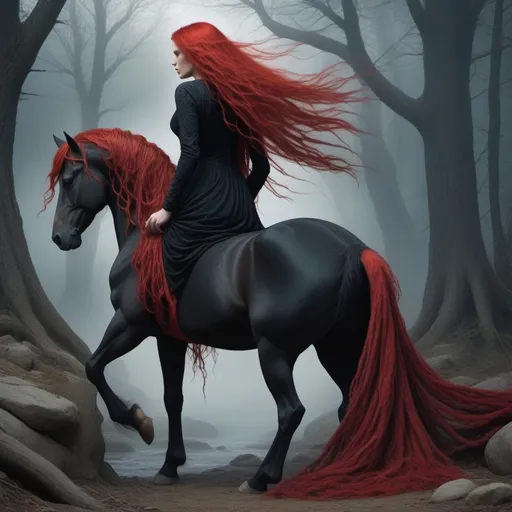 Prompt: The entity, similar to a fairy, lives in rocky mountains, by riverbanks, desolate places, and stables. It has backward feet, takes on the form of a witch, with tangled and matted red hair, typically wearing a long red dress, and is depicted braiding a majestic, frightening, strong and huge black horse's tail.