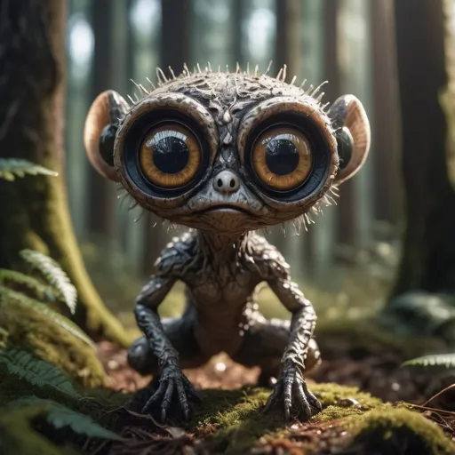 Prompt: Medium shot, Adorable creature with big reflective eyes, moody lighting, best quality, full body portrait, real picture, intricate details, depth of field, in a forest, fujifilm xt3, outdoors, bright day, beautiful lighting, raw photo, 8k uhd, film grain, unreal engine 5, ray tracing