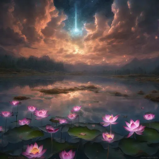 Prompt: Real photographic landscape painting with incomparable reality, Ultra-wide, Ominous sky, Lotus, Starry night, Harry Potter, Volumetric lighting, Clearing, Realism, James Gurney, artstation, Miki Asai Macro photography, close-up, hyper detailed, trending on artstation, sharp focus, studio photo, intricate details, highly detailed, by greg rutkowski