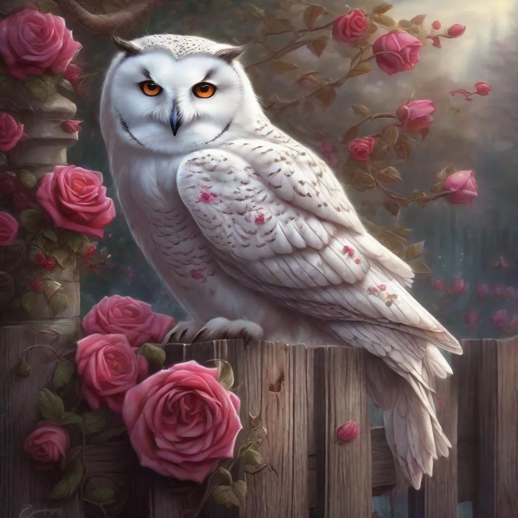 Prompt: A white owl sitting on top of a wooden fence post, crimson rain sought flower, beautiful fantasy art portrait, perfect animal, graphic artist Magali Villeneuve, breathtaking render, by Gwenny Griffiths, doves : : rococo, unusually unique beauty, detailed, made of roses and berries