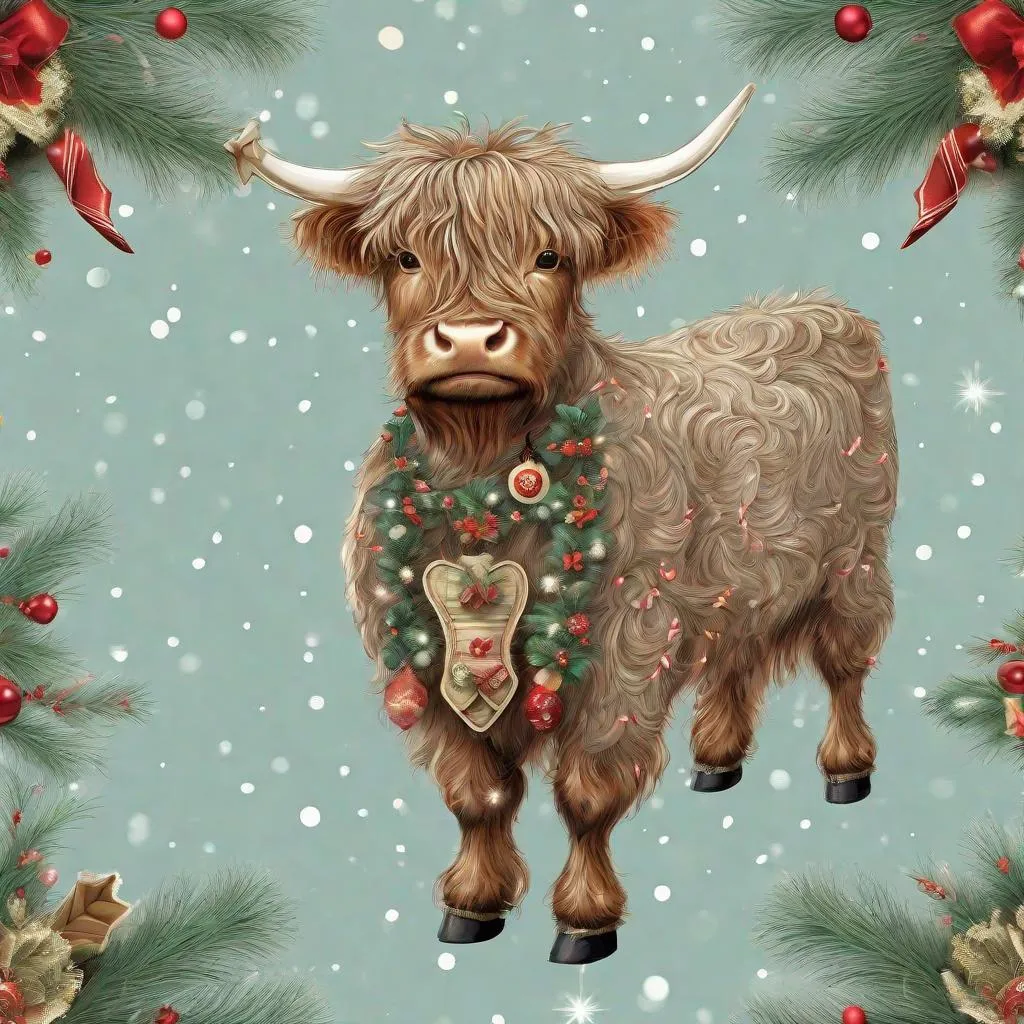 Prompt: whimsical christmas farm and Super detailed very intricate beautiful cute whimsical scottish highland cattle wearing Christmas decorations with Christmas background, muted colors. intricate extremely detailed hyperdetailed Diego Gisbert Llorens fantasy