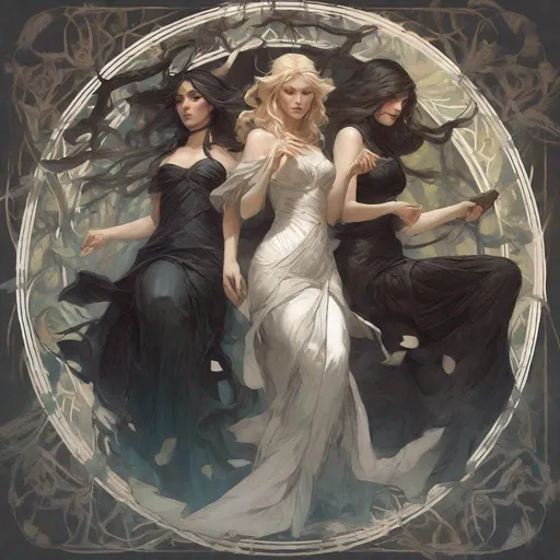 Prompt: playing card of the three fates, dark and ethereal, wild hairs, expressive poses, dark dress, fantasy, intricate, dark forest background, highly detailed, digital painting, artstation, concept art, smooth, sharp focus, illustration, art by artgerm and greg rutkowski and alphonse mucha