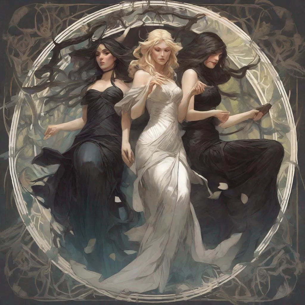 Prompt: playing card of the three fates, dark and ethereal, wild hairs, expressive poses, dark dress, fantasy, intricate, dark forest background, highly detailed, digital painting, artstation, concept art, smooth, sharp focus, illustration, art by artgerm and greg rutkowski and alphonse mucha