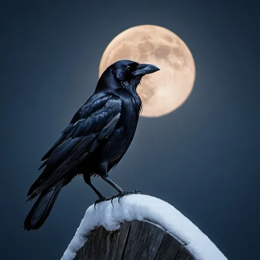 Prompt: crow, snow, moon, night, 4k