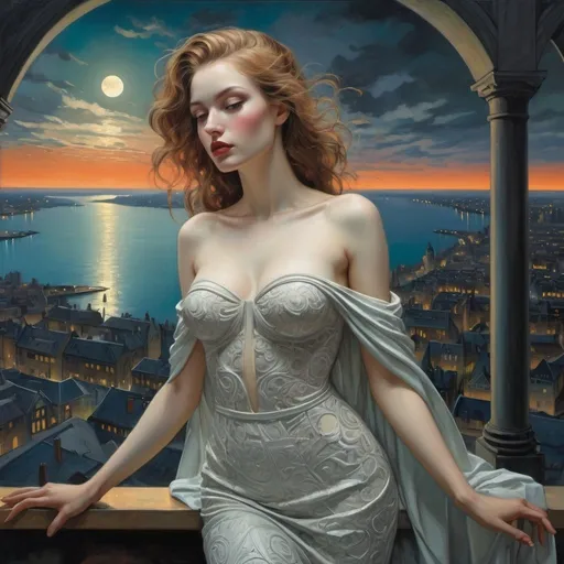 Prompt: Moonlit and surrounded by a vibrant cityscape, a stylish and alluring young woman with pale skin is depicted with many intricate details. She is shown in full figure in a dynamic pose. The scene includes flickering neon lights, an enchanted lake, and silver lined clouds. The artwork is in the styles of Marc Simonetti, Paul Delvaux, Dante Gabriel Rossetti, Fabian Perez, Robert Cottingham, Henry Asencio, Richard Burlet, Dirk Dzimirsky, Karol Bak; architecture and furniture is by Le Corbusier, EdoardoTresoldi, and Zaha Hadid. The lighting in the piece is soft and mesmerising, creating a unique 3D Bas Relief effect with hyper colours and textures. The composition is intricate and detailed, with a resolution of 16K. 