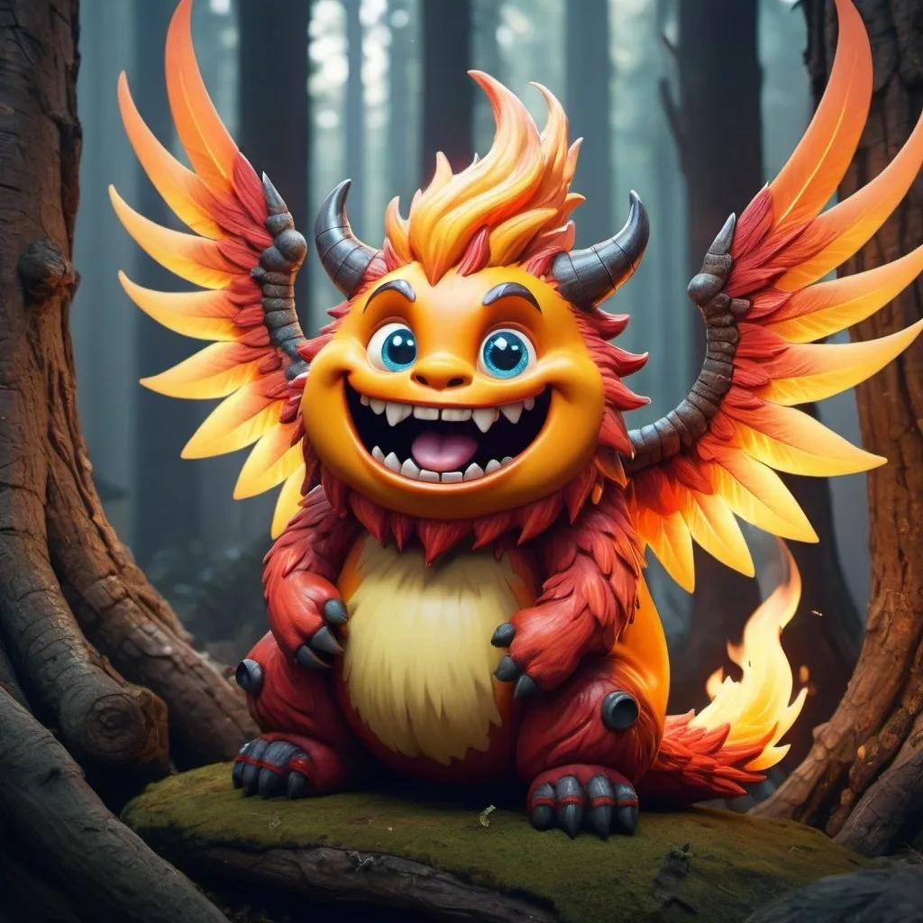 Prompt: Chubby little fire monster with wings and fluffy fur, its fire tail swirling, grinning from ear to ear in a delightful display of happiness, perched whimsically on the edge of an ancient enchanted forest, soft natural light accentuating its detailed features, ultra HD, realistic, vivid colors, highly detailed UHD drawing, pen and ink technique, perfect composition, intricate details, octane render, trending on ArtStation, 8K artistic photography