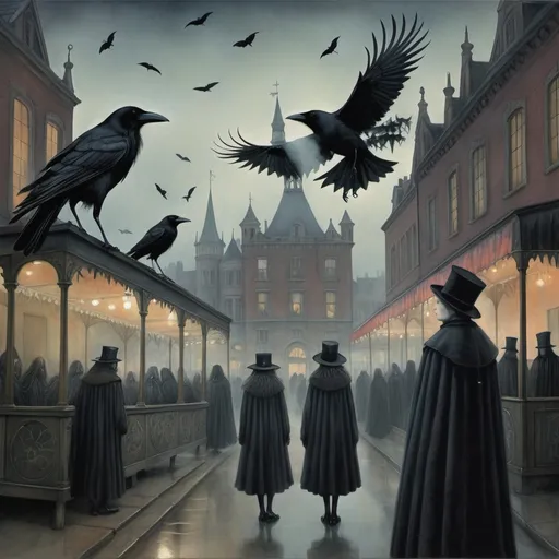 Prompt: illustration by Angela Barrett, crows, ominous, carnival atmosphere, moody, gothic fantasy aesthetic ominous, highest quality, taschen