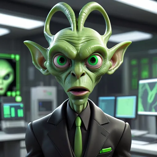 Prompt: A 3D rendering of Henry in his alien form. He has green skin, large, pointed ears, and a long, forked tongue. He is wearing a tight-fitting black suit. He is standing in a laboratory, and the background is a series of computer screens.