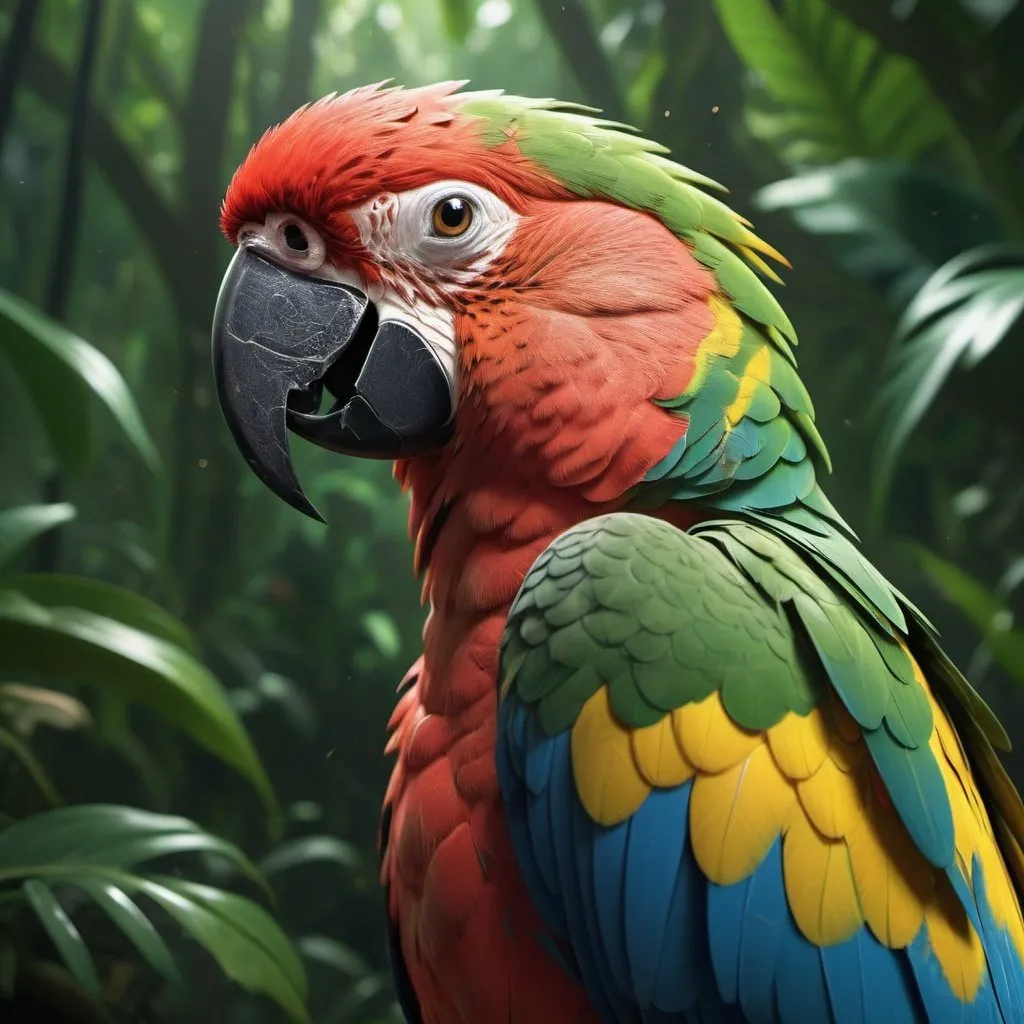 Prompt: Detailed hyperrealistic Parrot in a jungle Hyperrealistic, splash art, concept art, mid shot, intricately detailed, color depth, dramatic, 2/3 face angle, side light, colorful background