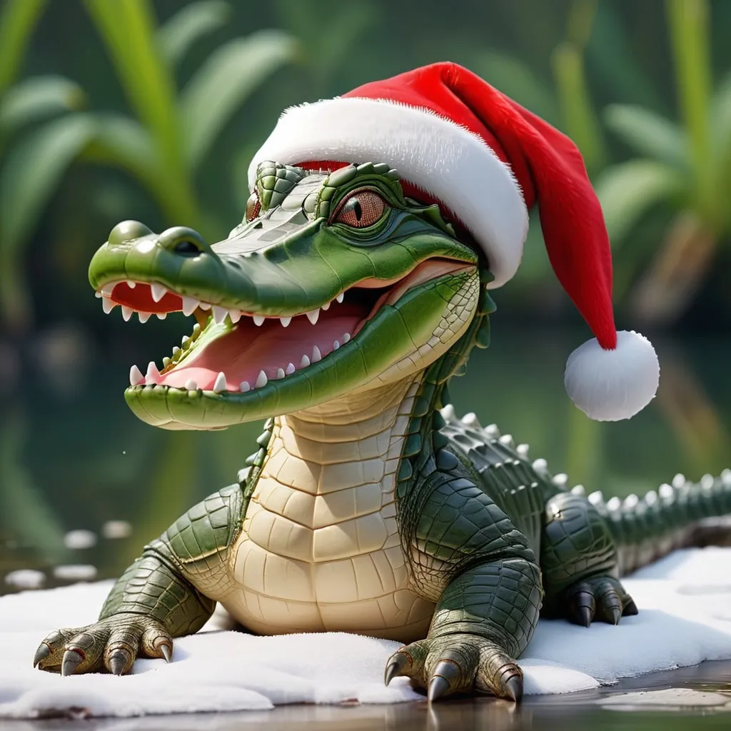 Prompt: An actual alligator wearing a Santa hat, realistic and cute