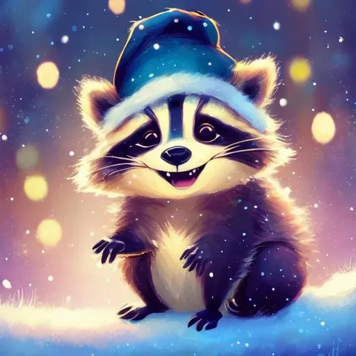 Prompt: Cute Pixar style painting, an adorable raccoon, christmas, midnight, ornaments, christmas tree, gifts, Santa hat, christmas lights, nebula, galaxy, stars, fireflies, glowing,  snow, soft light, 4k, beautiful 