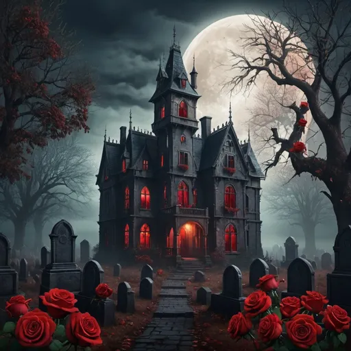 Prompt: dark fantasy, detailed medieval mansion at middle of a graveyard, autumn, mist, eerie, night, full moon stacheldraht red roses