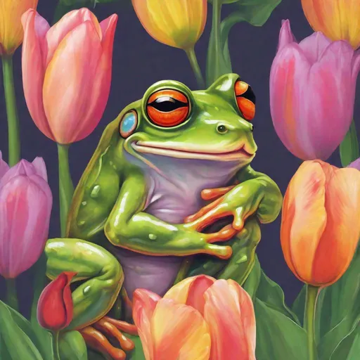 Prompt: A portrait of a cute frog is sitting in a tulip, vibrant colours