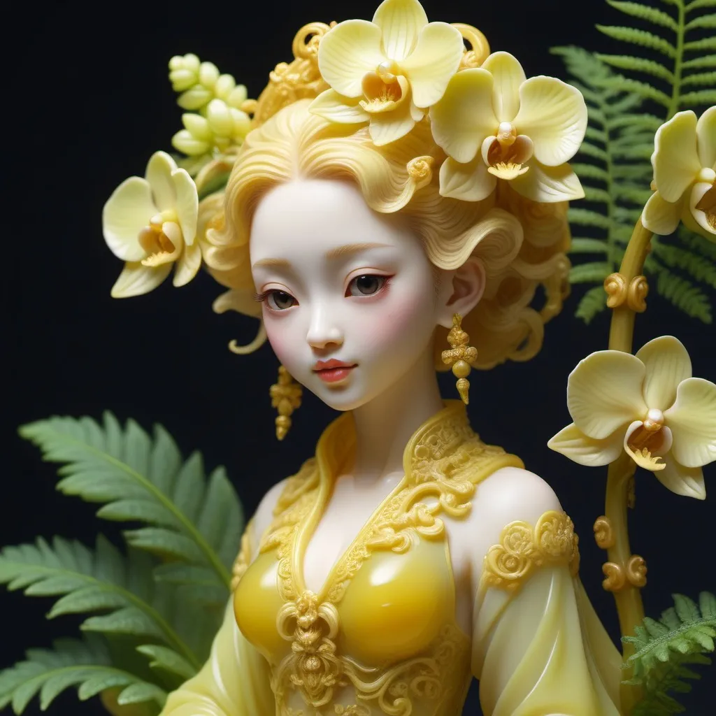 Prompt: Cute Orchid Nymph, Chinese Style Fern with Baroque Elements Imperial Yellow Translucent Jade Figurine, 8K, Masterpiece, High Definition, Super Detailed, Trending on Artstation, Sharp Focus, Intricate Details, High Detail, Ultra High Quality, Cinematic Lighting