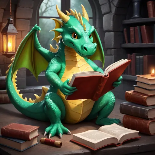 Prompt: a friendly dragon reading a book, Mysterious