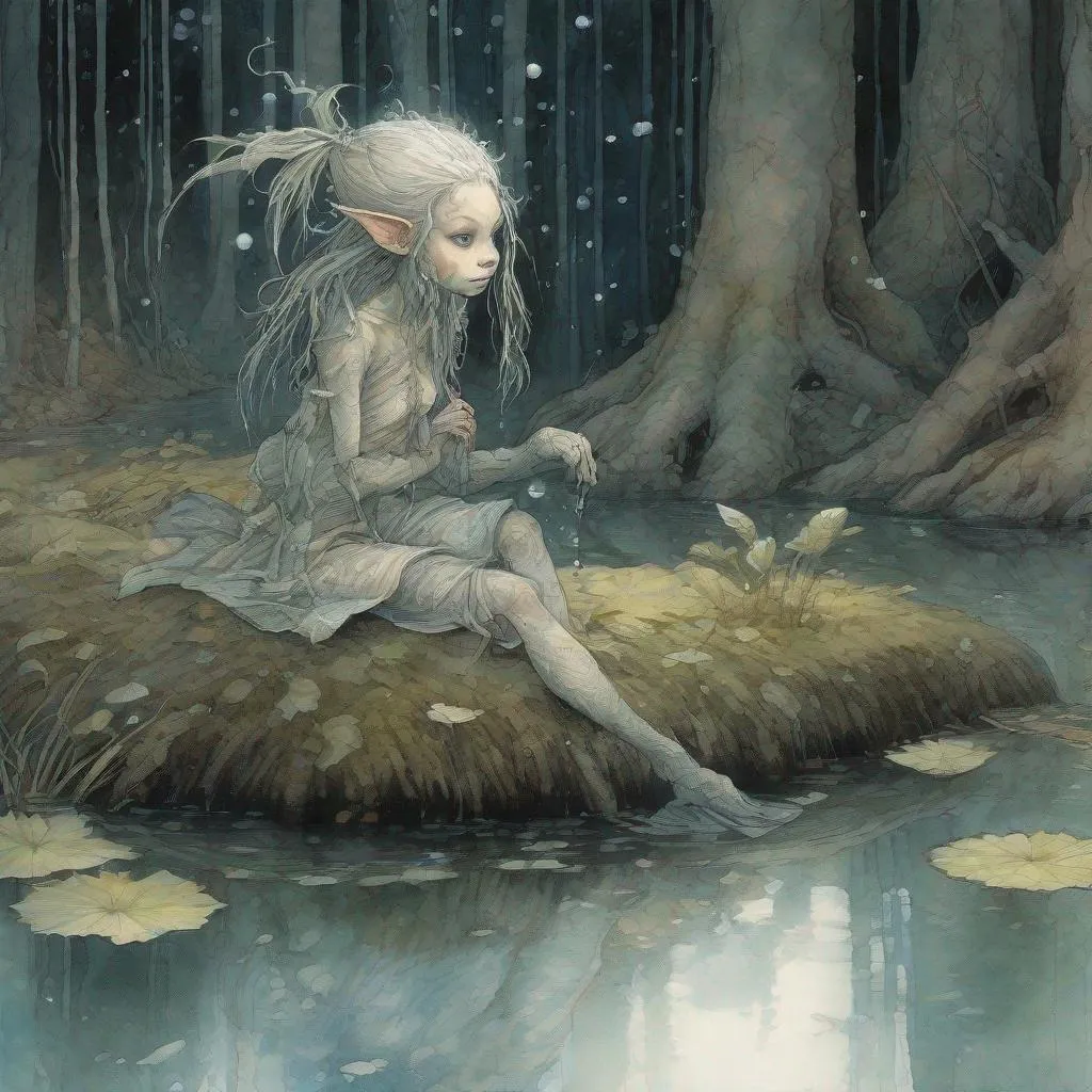 Prompt: Curious young water goblin hiding in the forest pond watching falling snow artwork by Tony DiTerlizzi, karol bak, yoshitaka amano, watercolor and pen illustration,  by Quentin Matsys   by Francis Bacon fog multicolor. , Hannah Yata, , by **Andy Kehoe** by Gustave Doréfantasy art 4K 64 megapixels 8K resolution HDR; volumetric lighting", Nikolina Petolas, Peter Gric, Dariusz Klimczak, surreal hallucinatory intricately detailed sharp focus"