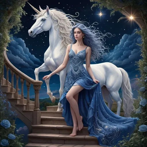 Prompt: A wide, high-quality image of a magical encounter, featuring a woman in an embroidered blue dress and a unicorn on a staircase, merging into a celestial landscape. Their connection, mirrored in deep blue eyes and flowing hair, under a twilight sky, creates a harmonious fantasy realm bathed in soft light. Created Using: detailed character and unicorn portrayal, intricate embroidery and spiraling horn, celestial landscape fusion, dreamy twilight ambiance, royal blue and iridescent white palette, vibrant greenery, cinematic fantasy atmosphere, hd quality, natural look