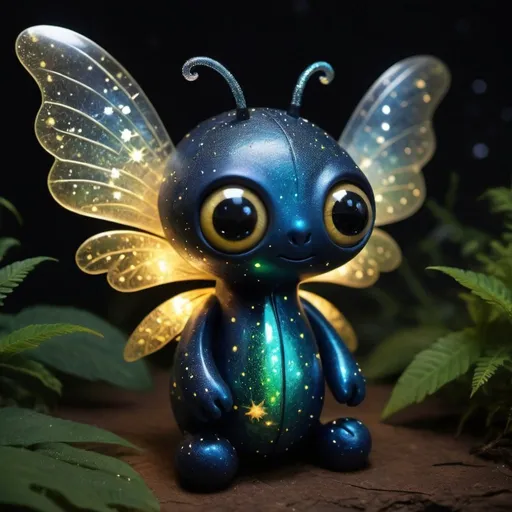 Prompt: The jungle monster is a petite, firefly-like creature with translucent wings that shimmer like a starry night sky. Its body emits a soft glow, and as it flits about, it leaves behind a trail of sparkling stardust. Large, expressive eyes reflect the curiosity and playfulness that define its nature