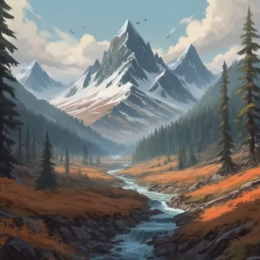 Prompt: taiga landscape, mountains, northern forest, artistic, magic the gathering art style