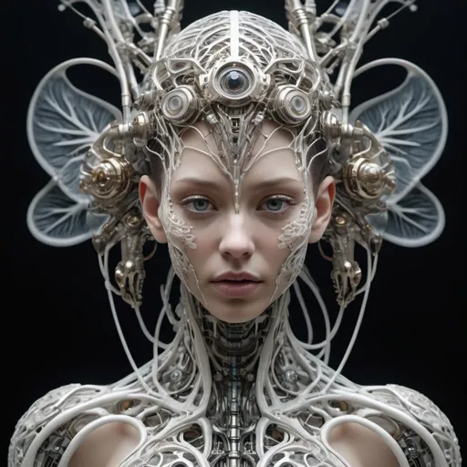Prompt: masterpiece,perfect face, perfect  eyes, macro, iris van herpen Alien Xray, complex 3d render ultra detailed of a beautiful death angel, biomechanical cyborg full body, 150 mm lens, big leaves and stems, roots, flowery, fine foliage lace, colorful details, samourai, Boris Bidjan Saberi outfit, pearl earring, piercing, art nouveau fashion embroidered, intricate details, mesh wire, mandelbrot fractal, anatomical, facial muscles, cable wires, microchip, 2d, hyper realistic, ultra detailed, octane render,  volumetric lighting, grain, grainy, anime, semi human,, from knee to head, biomechanical cyborg, analog, 35 mm lens, beautiful natural soft rim light, big