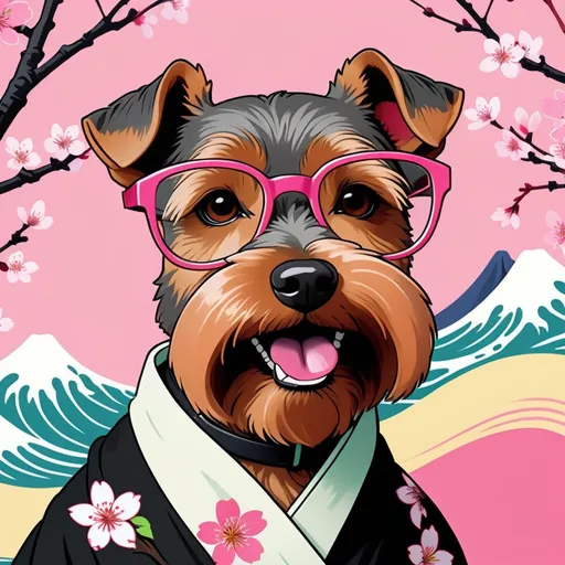 Prompt: ukiyo-e style neon color 
 cherry blossom wave  welsh terrier wearing glasses