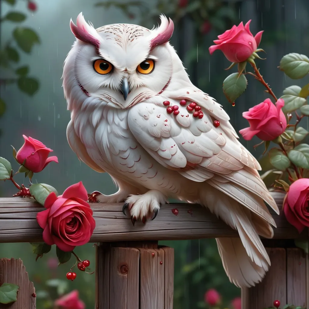 Prompt: A white owl sitting on top of a wooden fence post, crimson rain sought flower, beautiful fantasy art portrait, perfect animal, graphic artist Magali Villeneuve, breathtaking render, by Gwenny Griffiths, doves : : rococo, unusually unique beauty, detailed, made of roses and berries