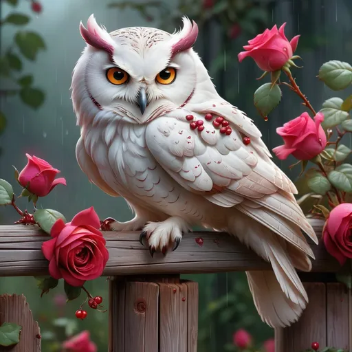 Prompt: A white owl sitting on top of a wooden fence post, crimson rain sought flower, beautiful fantasy art portrait, perfect animal, graphic artist Magali Villeneuve, breathtaking render, by Gwenny Griffiths, doves : : rococo, unusually unique beauty, detailed, made of roses and berries