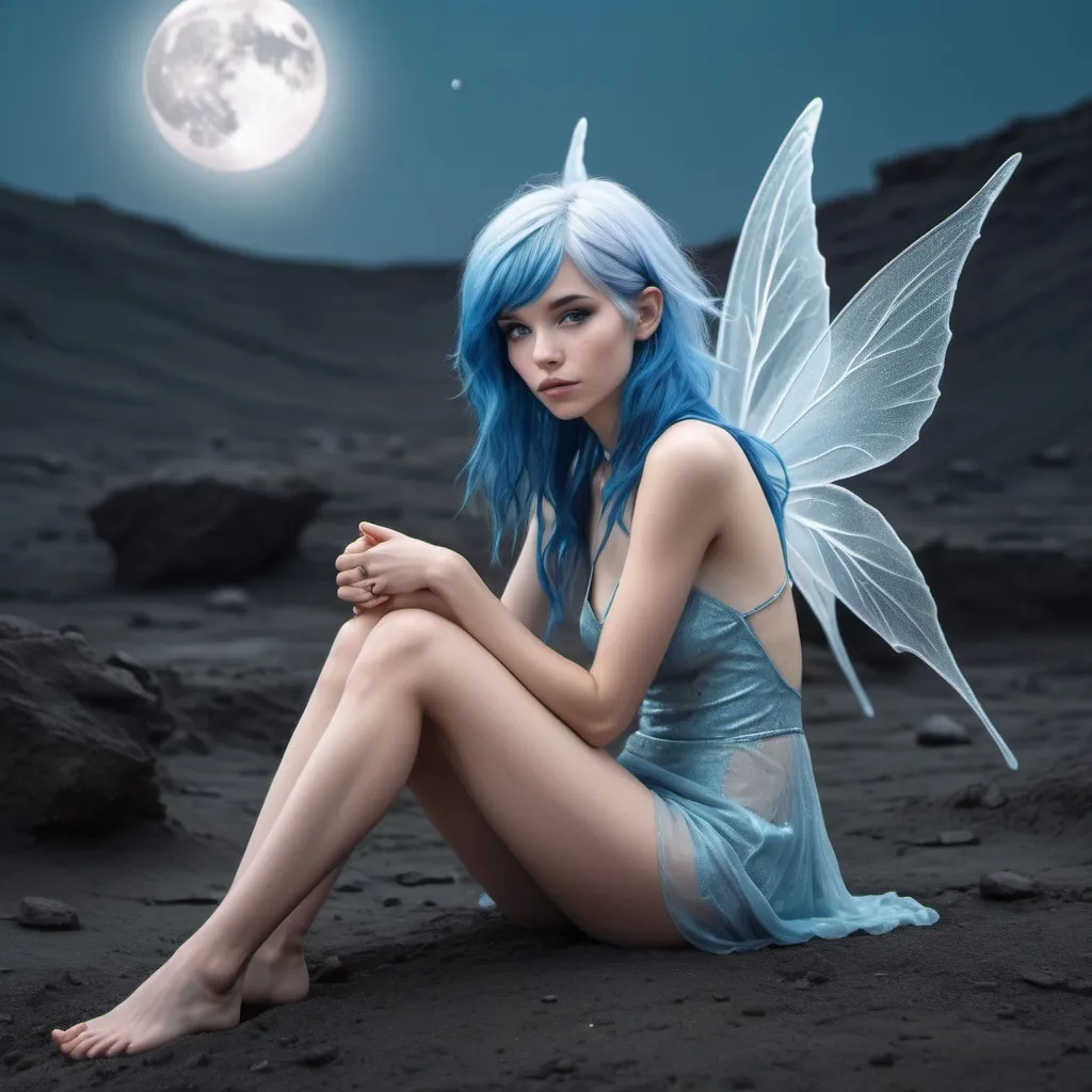 Prompt: photo-realistic beautiful slender hyper-feminine female blue-haired fairy sitting in a desolate moonscape