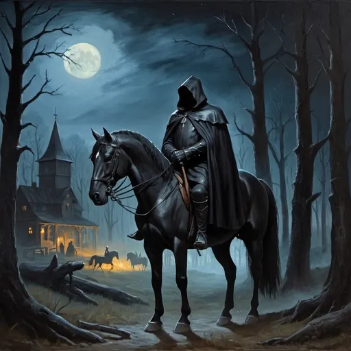 Prompt: Headless warrior dressed in black cloak stands in the forest at night with his black horse. Sleepy Hollow town in the background.Hd.High quality.Oil painting 