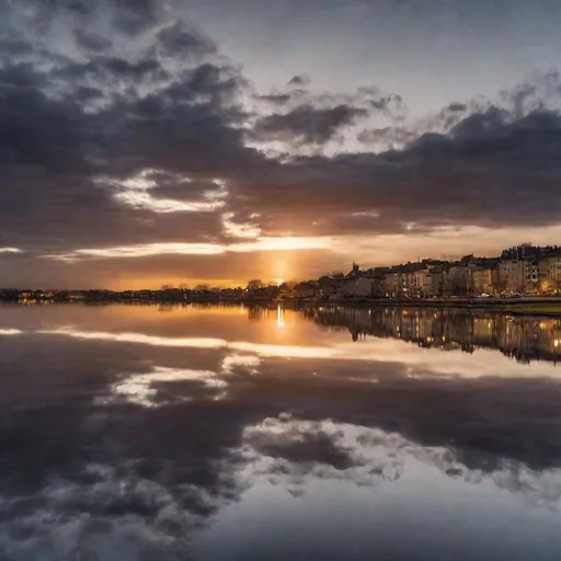 Prompt: photo d'une ville se reflet dans un lac au couché du soleil