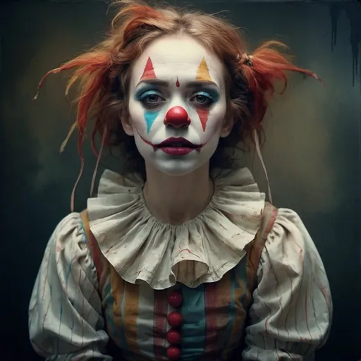 Prompt: Clown, complex background,  ,Dramatic light, Portrait, Beautiful, Cinematic, Masterpiece, by Brooke Shaden, Carne Griffiths .