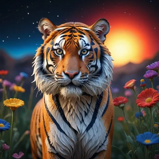 Prompt: The most beautiful tiger in the world made of stars and other heavenly bodies is central to the image; full body, incredibly long and luxurious mane sweeps out behind it; cantering across surreal fields of rainbow colours; clear details and 3D texture brushlines; very very soft quilling; in the style of Hieronymus Bosch, Mandy Disher; idyllic background with a spectacular sunset backlighting; bold colours of royal blue red yellow and complementary colours and colours should pop; high contrast; Klimt; Bess Hamiti; multi-layered style; whimsical nature; ink painting; surreal style;
Modifiers:
Nikon D850 digital painting sharp focus elegant fantasy intricate 8k cinematic lighting beautiful award winning fantastic view hyperrealistic ultra detailed 4K 3D high definition crisp quality Unreal Engine colourful VRay Volumetric lighting Ambient occlusion High Octane Render Artstation top 1 Behance model anthropomorphic neon art
