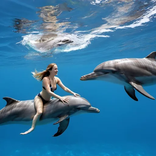 Prompt: A photographic image of a lady swimming with dolphins in the sea.