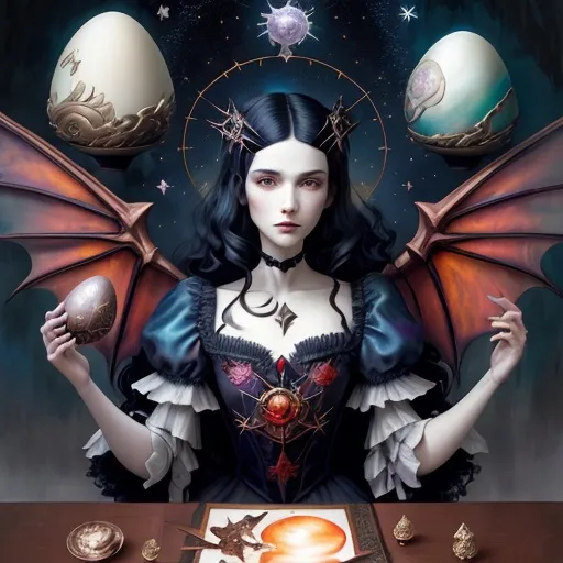 Prompt: comics cover by Bastien Lecouffe-Deharme, Hayv Kahraman, Erik Madigan Heck, Nicholas Hughes, Nicholas Hilliard, Daarken, faerietale couture, dark fantasy:: Whimsical beauty alice in wonderland, decoupage, intertwined with encaustic painting, impasto, ethereal foggy, craquelure, egg tempera effect, plethora of pokemons lanquerware with mother of pearl inlay, vampiress godess, spread dark dragon iridescent wings, in the asterism sky, medieval armor with geoglyph engraves, in action, with a heliocentric kinetic glowing spear, 