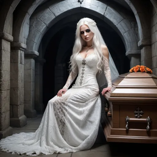 Prompt: vampire bride with long white hair, wearing a bridal white lace dress, rising from her coffin in a spooky crypt, style of Anne Stokes