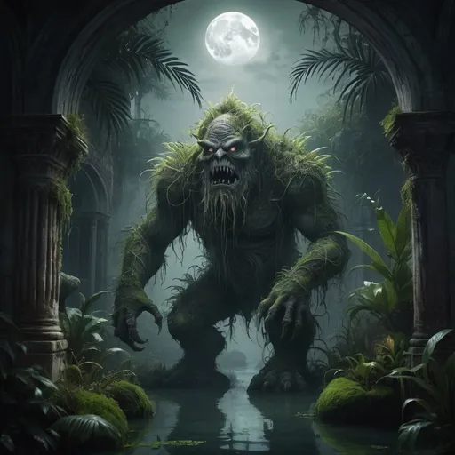 Prompt: Drawing of a monster  in an alternative mossy , mysterious, tropical and misty VENEZIA ,invaded by tropical plants, vines and mist, realistic, cinematic quality, 12k resolution, intricate details, impeccable clarity.  Moonlight.