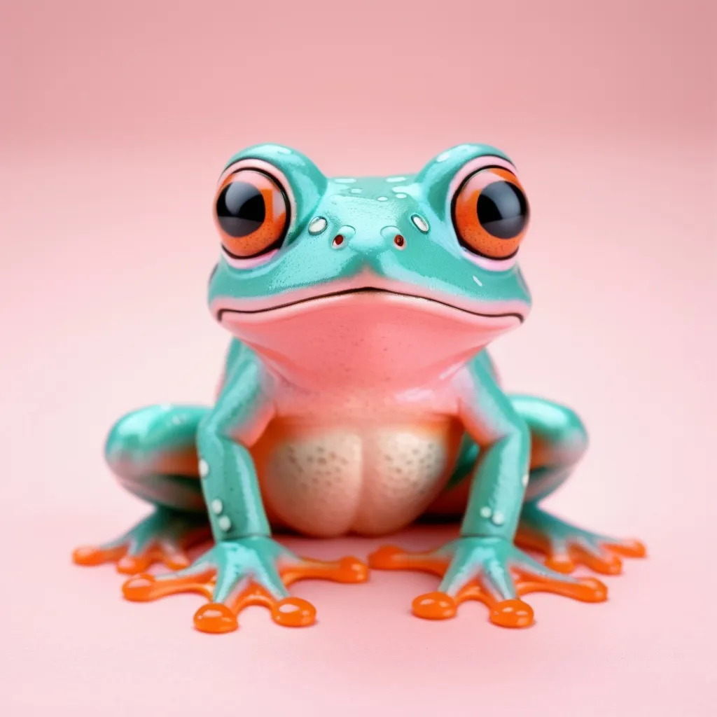 Prompt: Cute little frog in pastel colors of pink, orange and teal