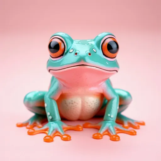 Prompt: Cute little frog in pastel colors of pink, orange and teal