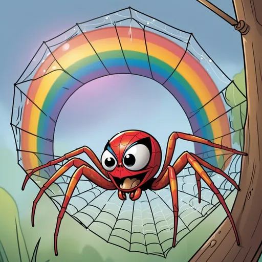 Prompt: a spider holding a rainbow in his net ,  comic style