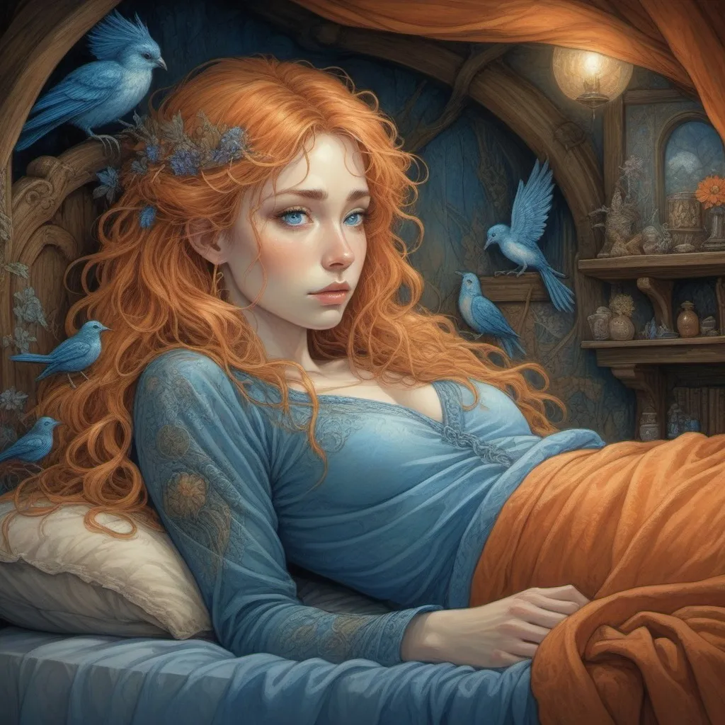 Prompt: Art by Mark Keatley, Josephine Wall, Ellen Jewett, Dan Mumford Cayenne, Victoria Frances Super Art by Brian Froud she is sad, a painting of a woman laying on a bed, orange - haired anime girl, beautiful detailed blue eyes, very very long blond curly hair, orange robe, pattern art, sad blue, by Eizan Kikukawa, twitter pfp, terracotta.