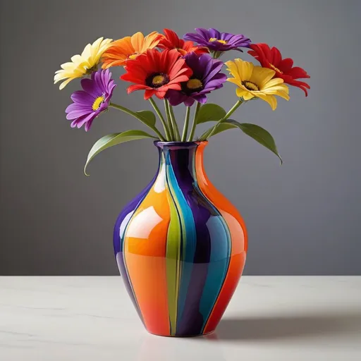 Prompt: Unique and bold colorful vase with one flower in it.