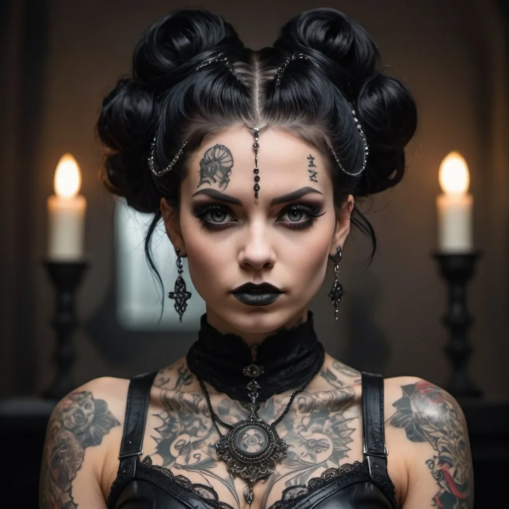 Prompt: 
A fierce and unique gothic woman with a dark aura, her body adorned with intricate tattoos and her clothing a mix of leather and lace. Her hair is styled in a dramatic updo, with hair jewelry adding to her striking appearance.