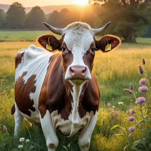 Prompt: an ultra-detailed multicolored portrait, as if painted with a richness of detail of a Cow in a meadow at sunrise, with birds perched along its back. The serene cow, bathed in the bright morning light, is in harmony with the peaceful meadow. The birds, adding a lively touch to the scene, sit comfortably along the cow's back. The background of the meadow is illuminated by the rising sun, enhancing the tranquil and picturesque atmosphere of the scene.