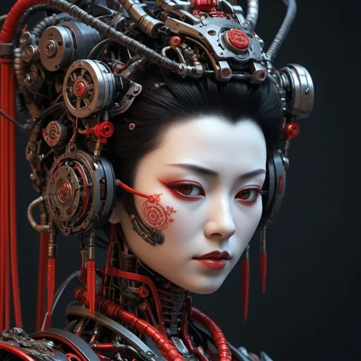 Prompt: small complete black border, intricate red chinese border, complex 3d render ultra detailed of a beautiful but terrifying clockwork geisha assassin android, cyborg, robotic parts, 150 mm, dark studio soft light, rim light, vibrant details, gore cyberpunk, lace, hyperrealistic, anatomical, facial muscles, cable electric wires, microchip, elegant, beautiful background, octane render, H.R. goya style, 8k, full body,