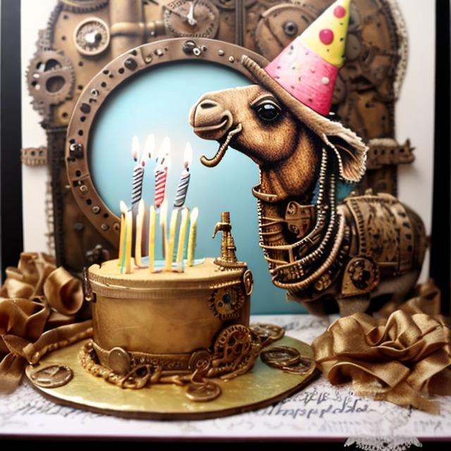 Prompt: Camel wearing a birthday hat blowing out candles on a birthday cake, extremely creative and unique, highly detailed and realistic, steampunk, inspired by Tim Holtz,  realistic happy birthday camel